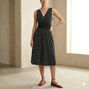 Kupcake Polka Dot Knit Midi Dress Flowy Sz M Ruched Waist V Neck Euro Summer 90s